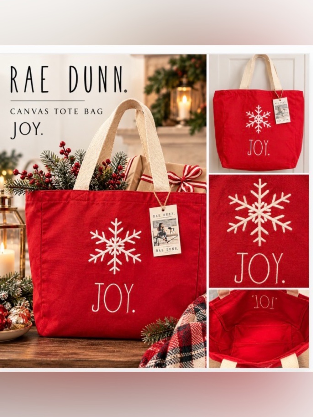 Rae Dunn JOY Snowflake Christmas Canvas Tote Bag | NWT